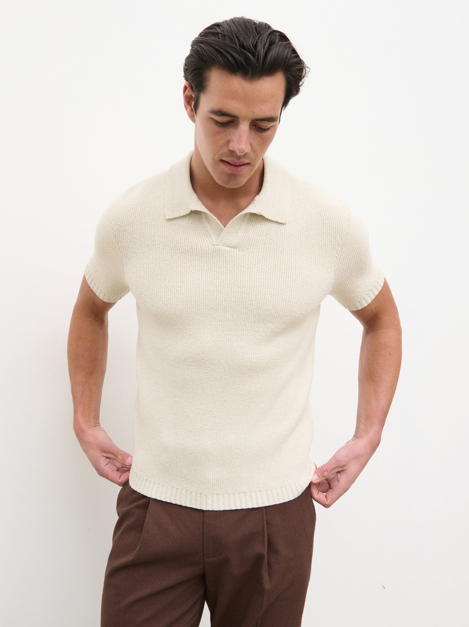 Mason Fine Tape Knit Polo - Light Grey