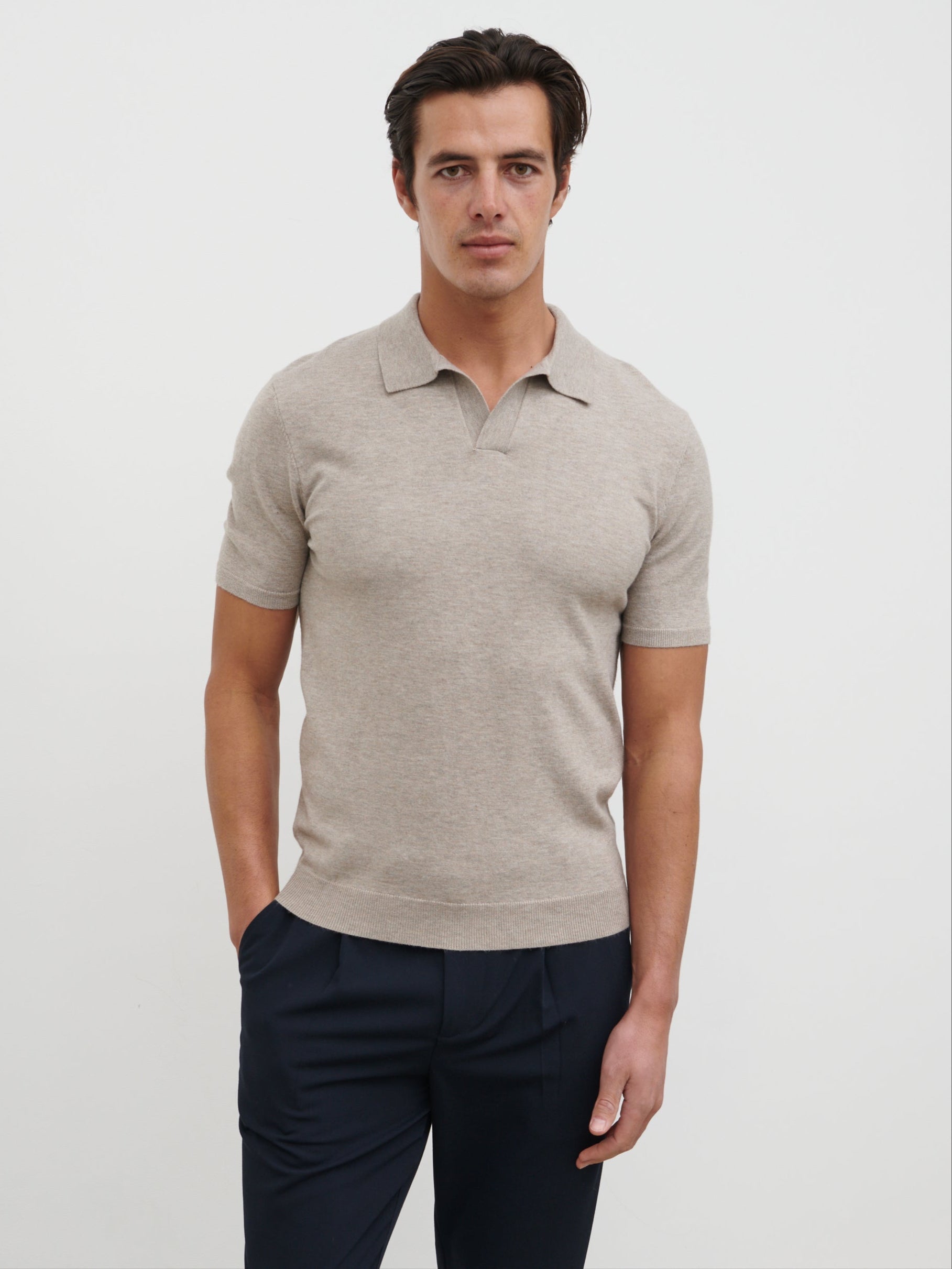Matthew Open Collar Lightweight Knit Polo - Mushroom