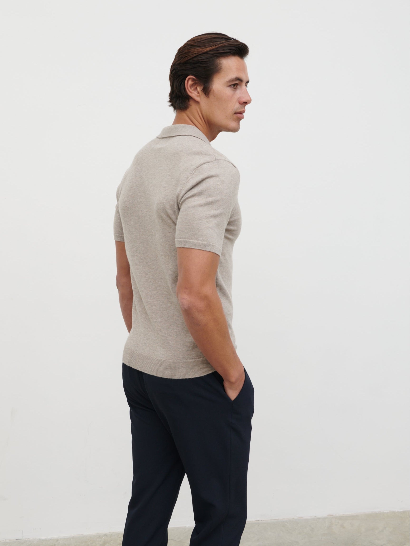 Matthew Open Collar Lightweight Knit Polo - Mushroom