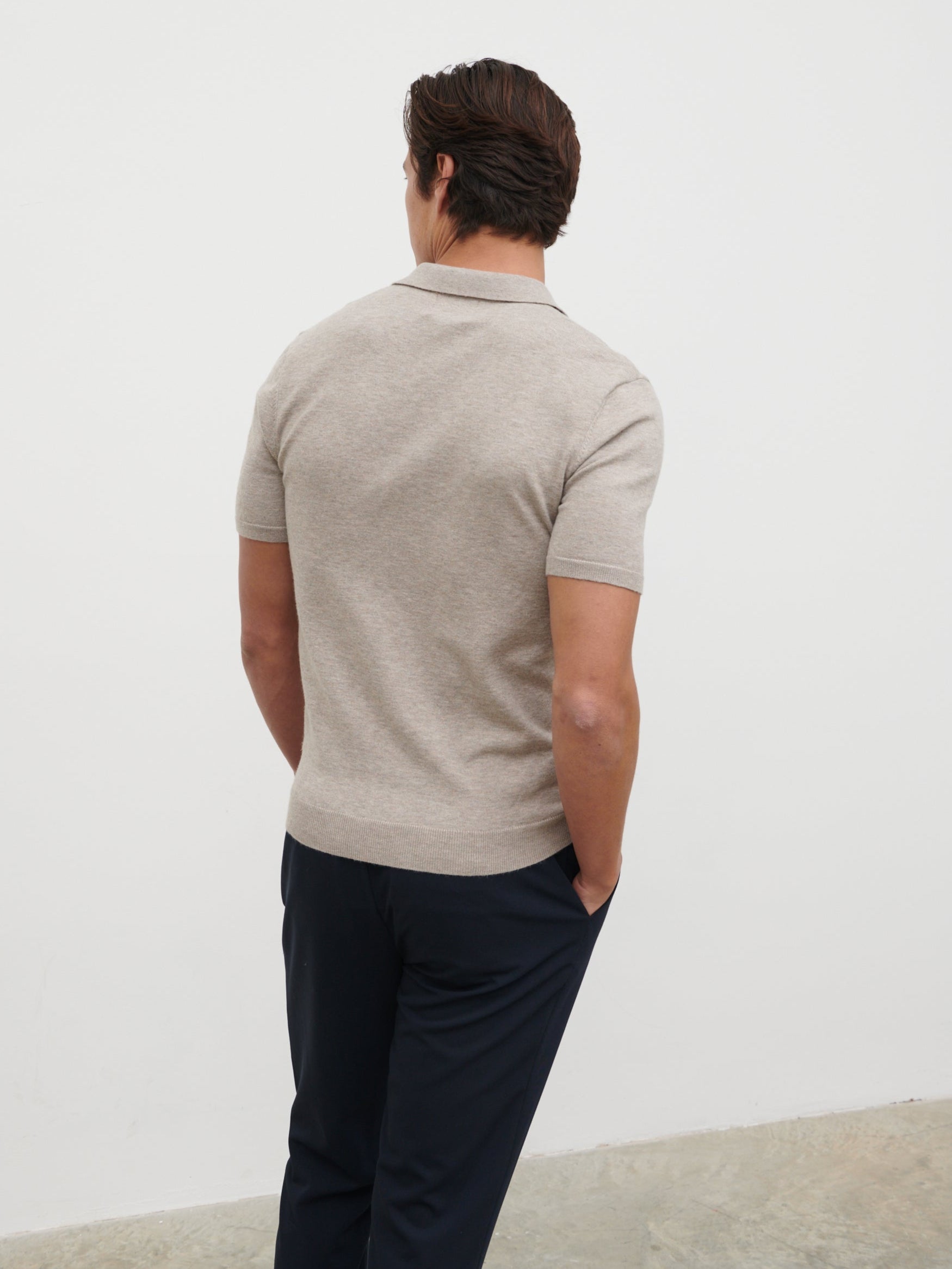 Matthew Open Collar Lightweight Knit Polo - Mushroom