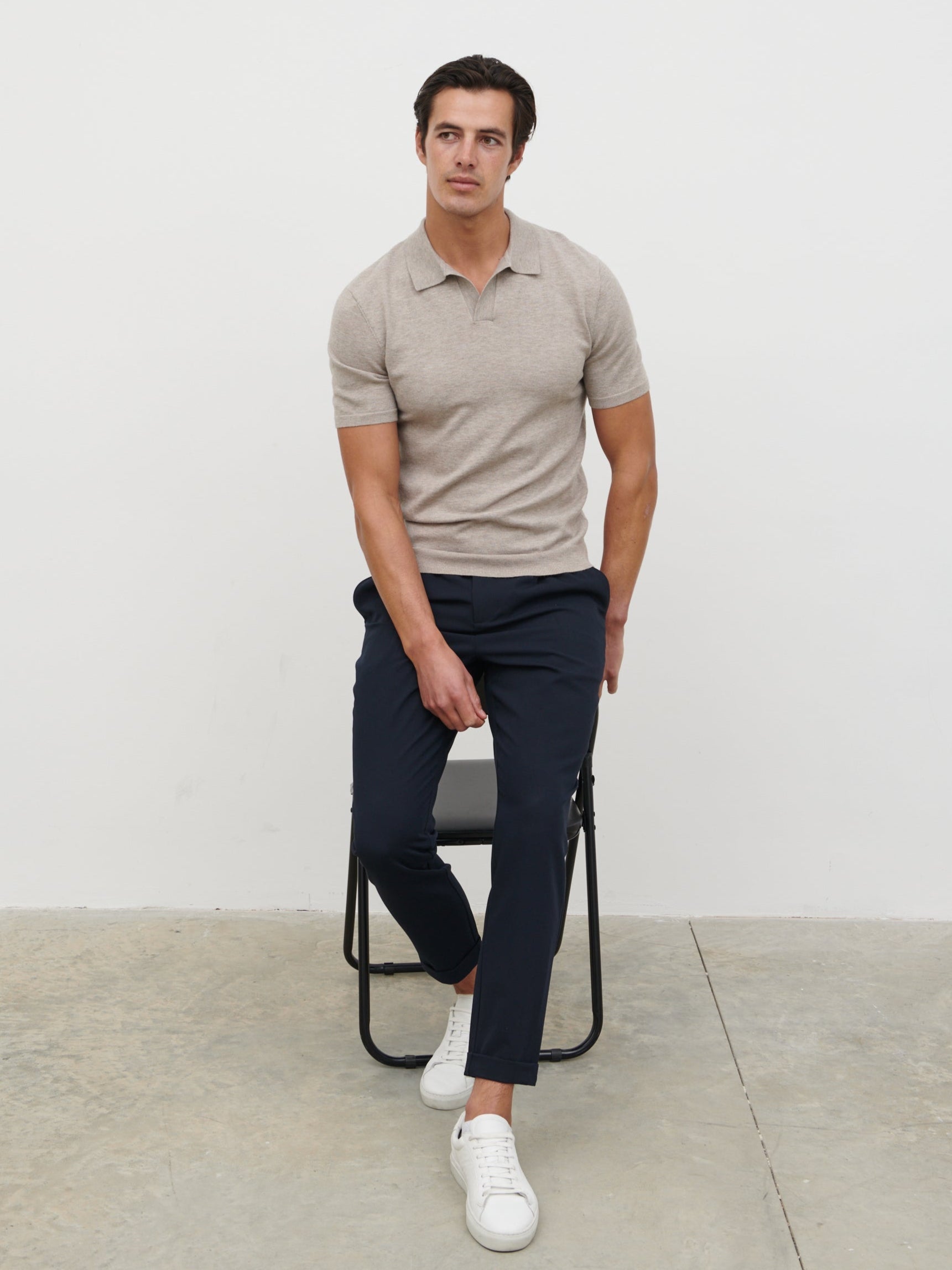 Matthew Open Collar Lightweight Knit Polo - Mushroom